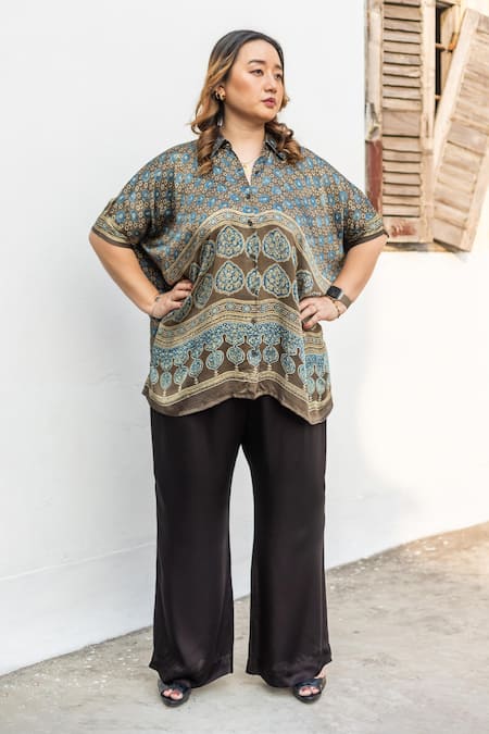 Buy_Prahnaaya_Beige Satin, Modal Collared, V-neck Ajrakh Motif Hand Blocked Shirt And Pant Set _Online_at_Aza_Fashions