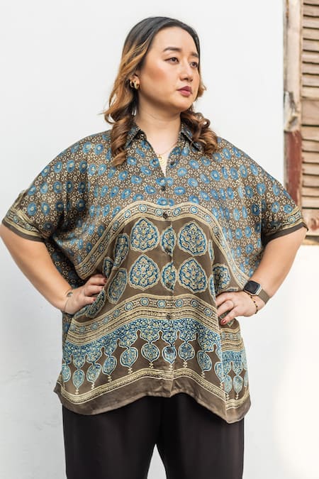 Shop_Prahnaaya_Beige Satin, Modal Collared, V-neck Ajrakh Motif Hand Blocked Shirt And Pant Set _Online_at_Aza_Fashions