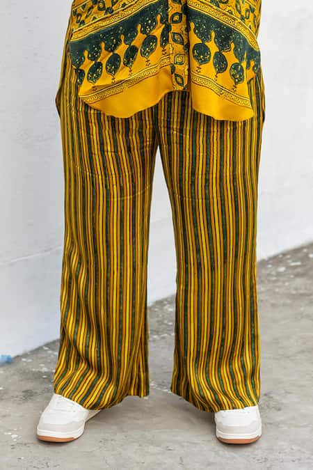 Prahnaaya_Yellow Satin, Modal Collared, Ajrakh Hand-block Printed Hi-low Shirt And Pant Set _Online_at_Aza_Fashions