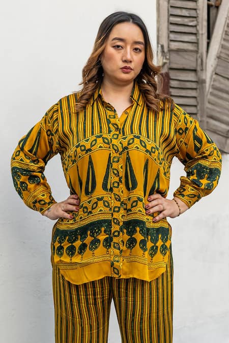 Shop_Prahnaaya_Yellow Satin, Modal Collared, Ajrakh Hand-block Printed Hi-low Shirt And Pant Set _Online_at_Aza_Fashions