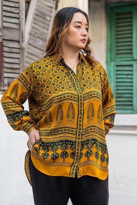 Buy_Prahnaaya_Yellow Satin, Modal Collared, Open Ajrakh Hand-blocked Hi-low Shirt And Pant Set _Online_at_Aza_Fashions