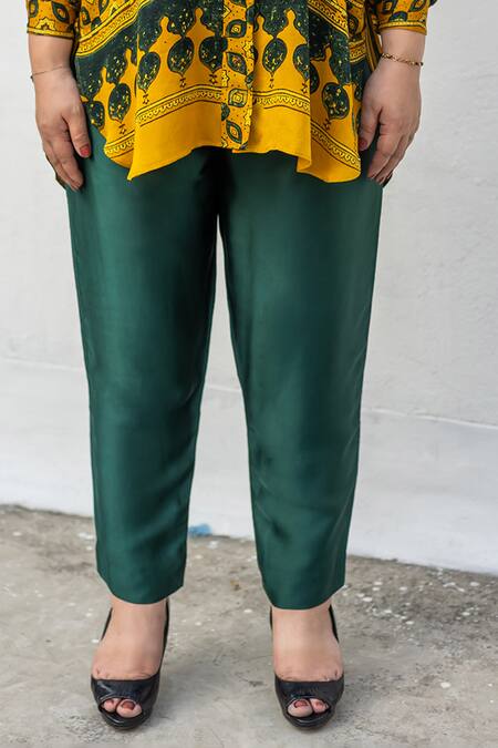 Prahnaaya_Yellow Satin, Modal Collared, Ajrakh Motif Hand-blocked Hi-low Shirt And Pant Set _Online_at_Aza_Fashions