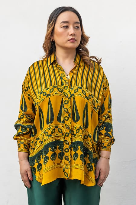 Buy_Prahnaaya_Yellow Satin, Modal Collared, Ajrakh Motif Hand-blocked Hi-low Shirt And Pant Set _Online_at_Aza_Fashions