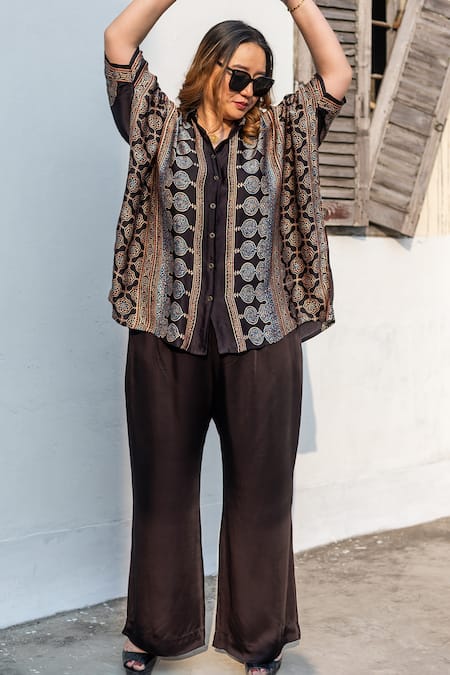Prahnaaya_Black Satin, Modal Collared, V-neck Ajrakh Motif Hand-blocked Shirt And Pant Set _Online_at_Aza_Fashions
