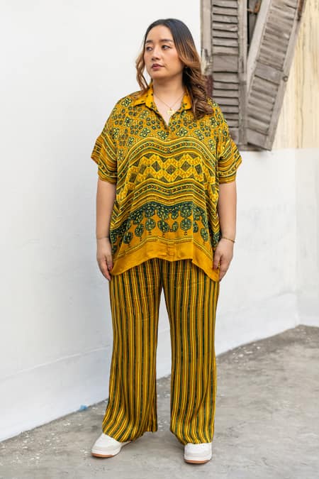 Prahnaaya Ajrakh Hand-Blocked Shirt & Stripe Pant Set 