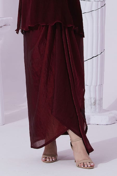 Preeti Mehta Wine Tissue, Satin Embroidery, Beads, Stones, Metallic Red Kurta Dhoti Skirt Set Online at Aza Fashions Preeti Mehta_Wine Tissue, Satin Embroidery, Beads, Stones, Metallic Red Kurta Dhoti Skirt Set _Online_at_Aza_Fashions