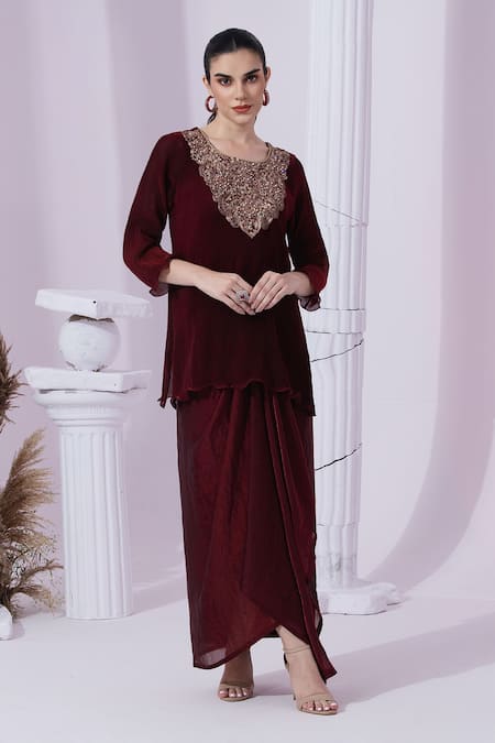 Preeti Mehta Wine Tissue, Satin Embroidery, Beads, Stones, Metallic Red Kurta Dhoti Skirt Set 