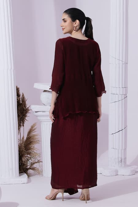Shop Preeti Mehta Wine Tissue, Satin Embroidery, Beads, Stones, Metallic Red Kurta Dhoti Skirt Set at Aza Fashions Shop_Preeti Mehta_Wine Tissue, Satin Embroidery, Beads, Stones, Metallic Red Kurta Dhoti Skirt Set _at_Aza_Fashions