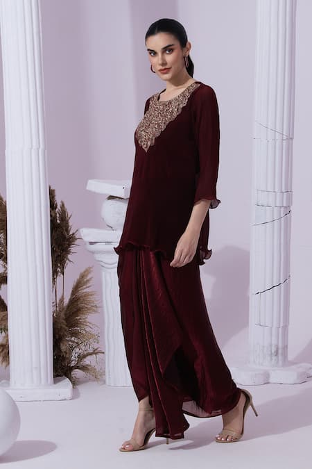 Shop Preeti Mehta Wine Tissue, Satin Embroidery, Beads, Stones, Metallic Red Kurta Dhoti Skirt Set Online at Aza Fashions Shop_Preeti Mehta_Wine Tissue, Satin Embroidery, Beads, Stones, Metallic Red Kurta Dhoti Skirt Set _Online_at_Aza_Fashions