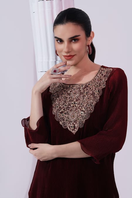 Preeti Mehta Wine Tissue, Satin Embroidery, Beads, Stones, Metallic Red Kurta Dhoti Skirt Set at Aza Fashions Preeti Mehta_Wine Tissue, Satin Embroidery, Beads, Stones, Metallic Red Kurta Dhoti Skirt Set _at_Aza_Fashions