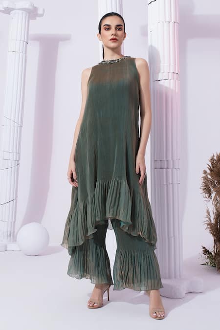 Shop Preeti Mehta Green Tissue, Satin Embroidery, Stones, Beads High Metallic Moss Kurta Set at Aza Fashions Shop_Preeti Mehta_Green Tissue, Satin Embroidery, Stones, Beads High Metallic Moss Kurta Set _at_Aza_Fashions