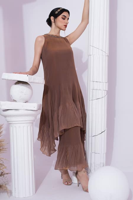 Preeti Mehta_Brown Tissue, Satin Beads, Stones High Neck, Round Metallic Chestnut Kurta Set _Online_at_Aza_Fashions