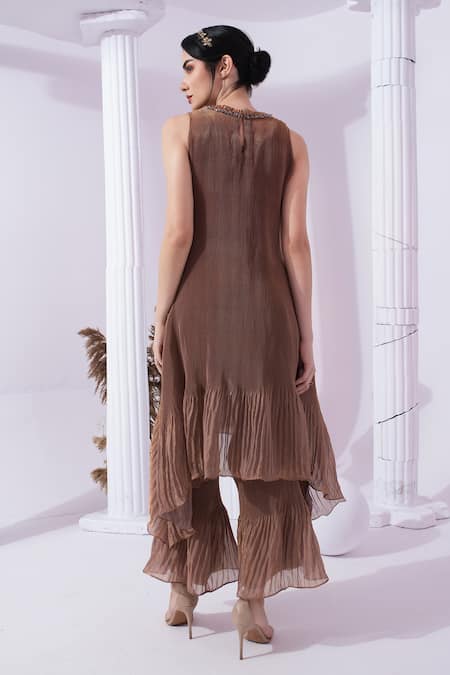 Shop_Preeti Mehta_Brown Tissue, Satin Beads, Stones High Neck, Round Metallic Chestnut Kurta Set _at_Aza_Fashions