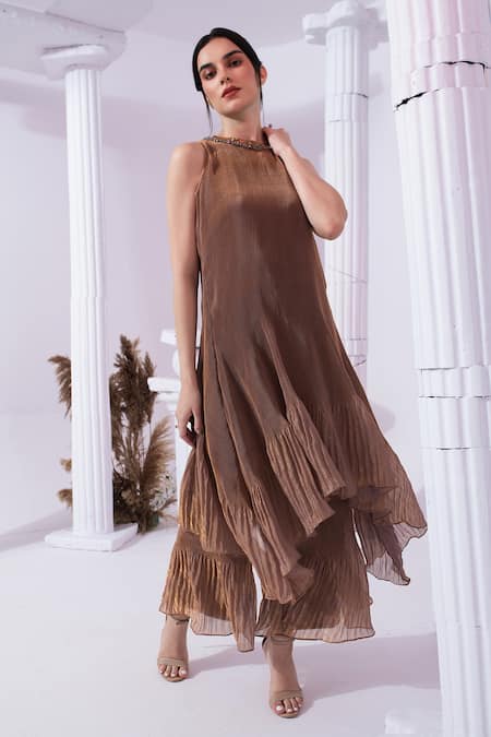 Preeti Mehta Brown Tissue, Satin Beads, Stones High Neck, Round Metallic Chestnut Kurta Set 