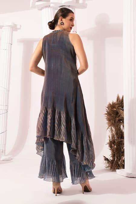 Shop_Preeti Mehta_Blue Satin, Tissue Beads, Stones High Neck, Round Metallic Steel Kurta Set _at_Aza_Fashions