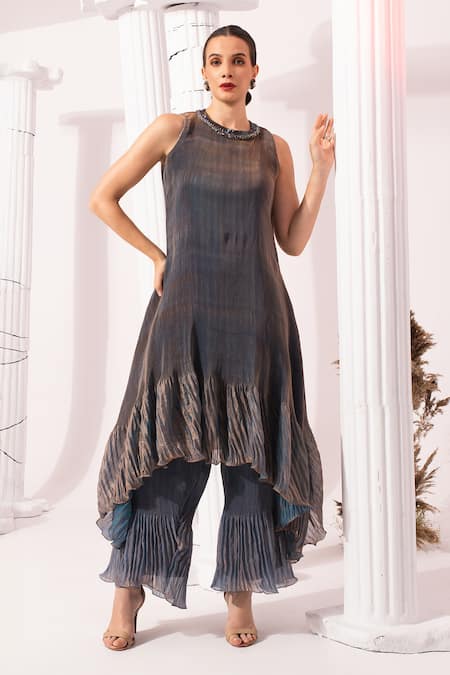 Preeti Mehta Metallic Steel Blue High Neck Kurta Set 