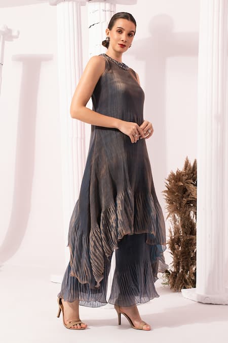 Buy_Preeti Mehta_Blue Satin, Tissue Beads, Stones High Neck, Round Metallic Steel Kurta Set _Online_at_Aza_Fashions