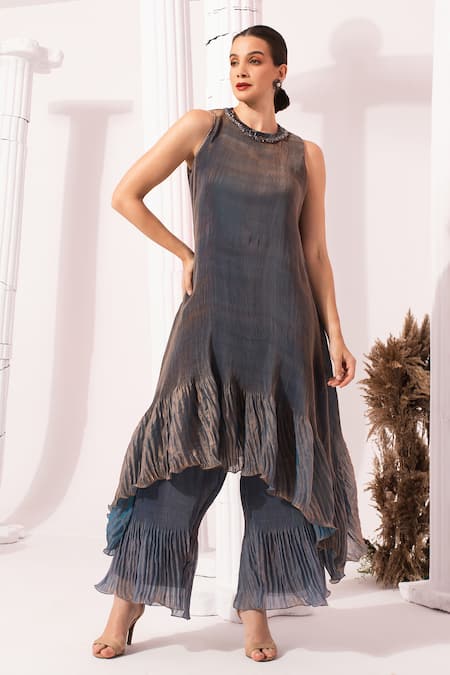 Shop_Preeti Mehta_Blue Satin, Tissue Beads, Stones High Neck, Round Metallic Steel Kurta Set _Online_at_Aza_Fashions