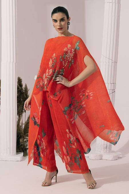 Preeti Mehta_Orange Chiffon, Lurex Embroidery, Sequins Wildflower Muse Red Kaftan And Pant Set _Online_at_Aza_Fashions