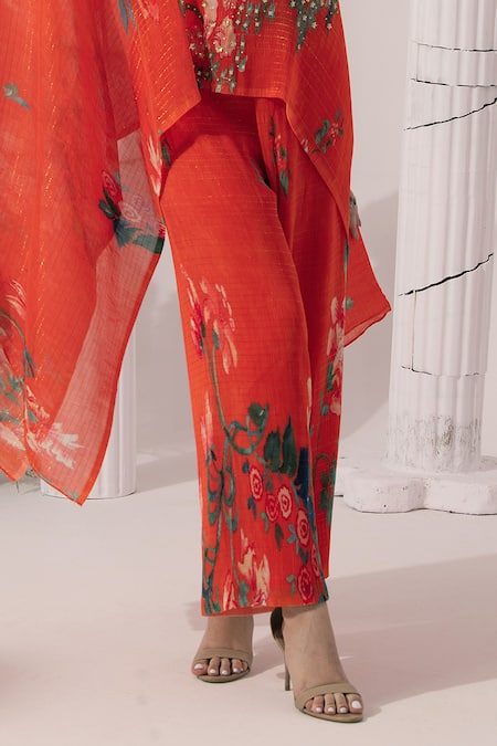 Buy_Preeti Mehta_Orange Chiffon, Lurex Embroidery, Sequins Wildflower Muse Red Kaftan And Pant Set _Online_at_Aza_Fashions