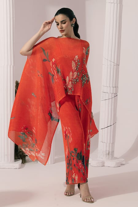 Preeti Mehta_Orange Chiffon, Lurex Embroidery, Sequins Wildflower Muse Red Kaftan And Pant Set _at_Aza_Fashions