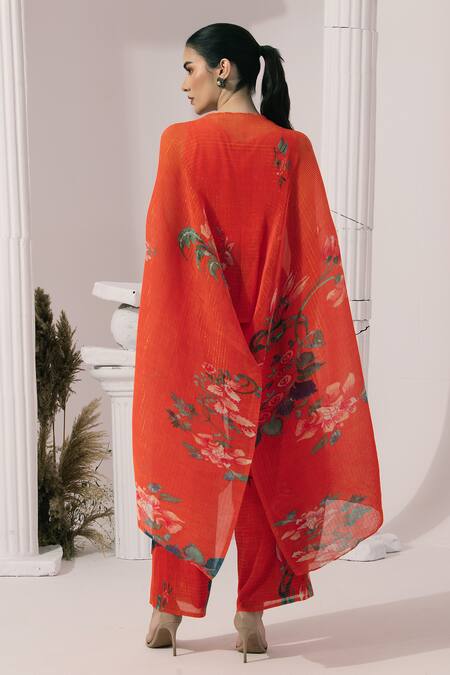 Buy_Preeti Mehta_Orange Chiffon, Lurex Embroidery, Sequins Wildflower Muse Red Kaftan And Pant Set 