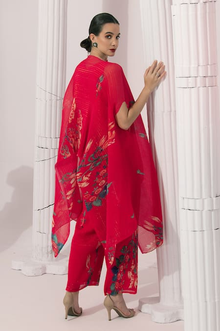 Shop Preeti Mehta Pink Chiffon, Lurex Embroidery, Wildflower Muse Cherry Red Kaftan And Pant Set at Aza Fashions Shop_Preeti Mehta_Pink Chiffon, Lurex Embroidery, Wildflower Muse Cherry Red Kaftan And Pant Set _at_Aza_Fashions