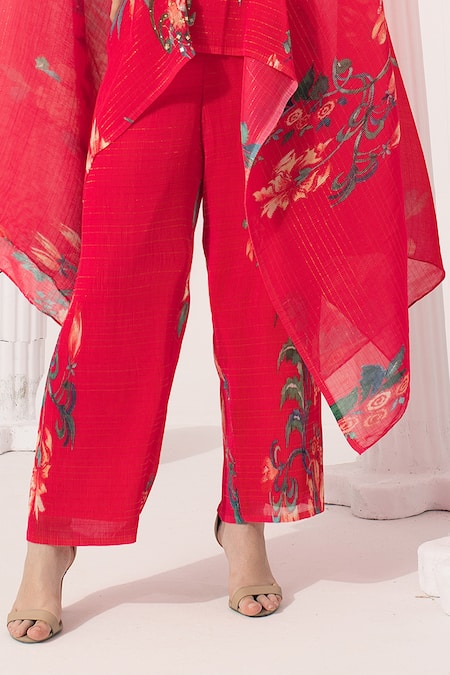 Preeti Mehta Pink Chiffon, Lurex Embroidery, Wildflower Muse Cherry Red Kaftan And Pant Set Online at Aza Fashions Preeti Mehta_Pink Chiffon, Lurex Embroidery, Wildflower Muse Cherry Red Kaftan And Pant Set _Online_at_Aza_Fashions