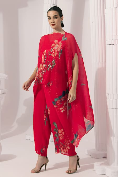 Buy Preeti Mehta Pink Chiffon, Lurex Embroidery, Wildflower Muse Cherry Red Kaftan And Pant Set Online at Aza Fashions Buy_Preeti Mehta_Pink Chiffon, Lurex Embroidery, Wildflower Muse Cherry Red Kaftan And Pant Set _Online_at_Aza_Fashions