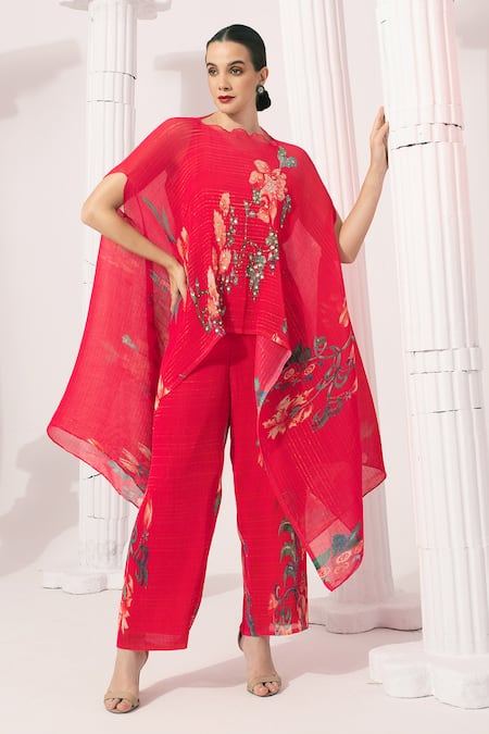 Buy Preeti Mehta Pink Chiffon, Lurex Embroidery, Wildflower Muse Cherry Red Kaftan And Pant Set Buy_Preeti Mehta_Pink Chiffon, Lurex Embroidery, Wildflower Muse Cherry Red Kaftan And Pant Set