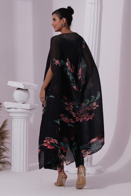 Shop Preeti Mehta Black Chiffon, Lurex Embroidery, Sequins Wildflower Muse Jet Kaftan And Pant Set at Aza Fashions Shop_Preeti Mehta_Black Chiffon, Lurex Embroidery, Sequins Wildflower Muse Jet Kaftan And Pant Set _at_Aza_Fashions