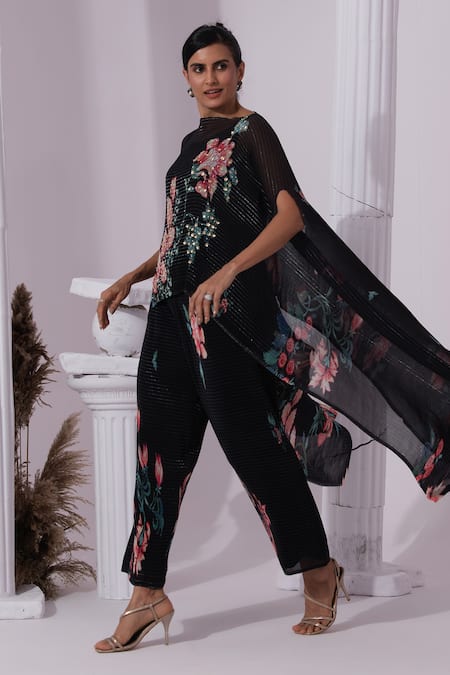 Preeti Mehta Black Chiffon, Lurex Embroidery, Sequins Wildflower Muse Jet Kaftan And Pant Set Online at Aza Fashions Preeti Mehta_Black Chiffon, Lurex Embroidery, Sequins Wildflower Muse Jet Kaftan And Pant Set _Online_at_Aza_Fashions