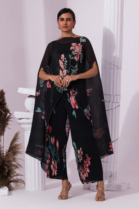 Shop Preeti Mehta Black Chiffon, Lurex Embroidery, Sequins Wildflower Muse Jet Kaftan And Pant Set Online at Aza Fashions Shop_Preeti Mehta_Black Chiffon, Lurex Embroidery, Sequins Wildflower Muse Jet Kaftan And Pant Set _Online_at_Aza_Fashions