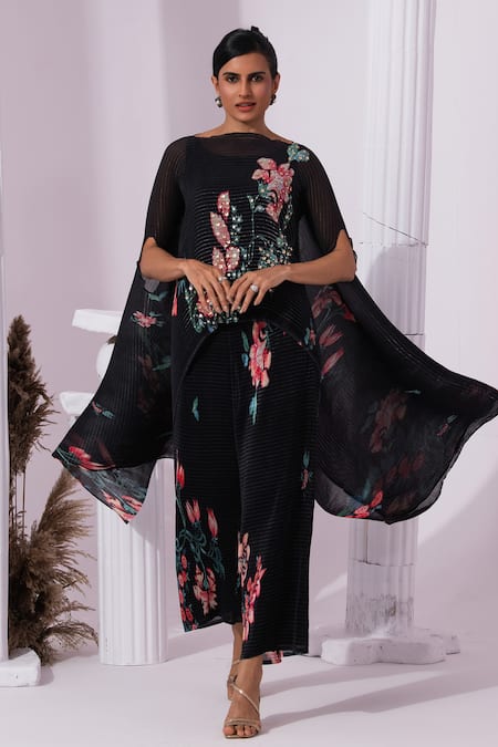 Preeti Mehta Black Chiffon, Lurex Embroidery, Sequins Wildflower Muse Jet Kaftan And Pant Set 