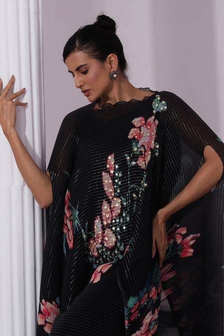 Preeti Mehta Black Chiffon, Lurex Embroidery, Sequins Wildflower Muse Jet Kaftan And Pant Set at Aza Fashions Preeti Mehta_Black Chiffon, Lurex Embroidery, Sequins Wildflower Muse Jet Kaftan And Pant Set _at_Aza_Fashions
