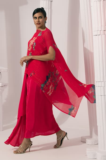 Buy Preeti Mehta Pink Chiffon, Lurex, Wildflower Muse Cherry Red Kaftan And Dhoti Skirt Set Online at Aza Fashions Buy_Preeti Mehta_Pink Chiffon, Lurex, Wildflower Muse Cherry Red Kaftan And Dhoti Skirt Set _Online_at_Aza_Fashions