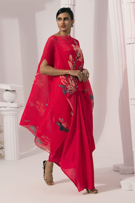 Shop Preeti Mehta Pink Chiffon, Lurex, Wildflower Muse Cherry Red Kaftan And Dhoti Skirt Set Online at Aza Fashions Shop_Preeti Mehta_Pink Chiffon, Lurex, Wildflower Muse Cherry Red Kaftan And Dhoti Skirt Set _Online_at_Aza_Fashions