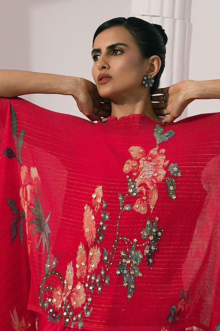 Preeti Mehta Pink Chiffon, Lurex, Wildflower Muse Cherry Red Kaftan And Dhoti Skirt Set at Aza Fashions Preeti Mehta_Pink Chiffon, Lurex, Wildflower Muse Cherry Red Kaftan And Dhoti Skirt Set _at_Aza_Fashions