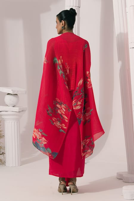 Shop Preeti Mehta Pink Chiffon, Lurex, Wildflower Muse Cherry Red Kaftan And Dhoti Skirt Set at Aza Fashions Shop_Preeti Mehta_Pink Chiffon, Lurex, Wildflower Muse Cherry Red Kaftan And Dhoti Skirt Set _at_Aza_Fashions