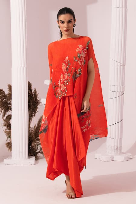 Preeti Mehta_Orange Chiffon, Lurex, Viscose, Wildflower Muse Red Kaftan And Dhoti Skirt Set _Online_at_Aza_Fashions