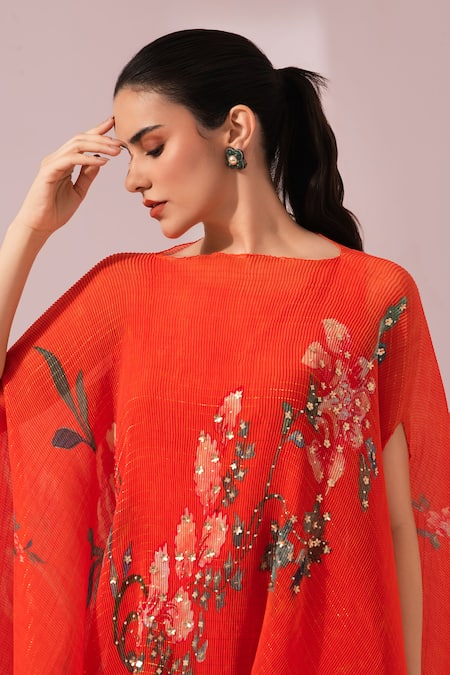 Buy_Preeti Mehta_Orange Chiffon, Lurex, Viscose, Wildflower Muse Red Kaftan And Dhoti Skirt Set _Online_at_Aza_Fashions