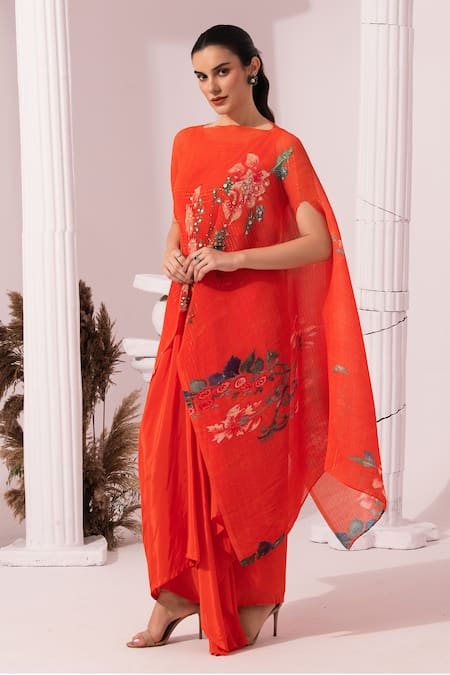 Preeti Mehta_Orange Chiffon, Lurex, Viscose, Wildflower Muse Red Kaftan And Dhoti Skirt Set _at_Aza_Fashions