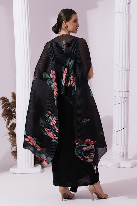 Shop Preeti Mehta Black Chiffon, Lurex, Polyester, Wildflower Muse Jet Kaftan And Dhoti Skirt Set at Aza Fashions Shop_Preeti Mehta_Black Chiffon, Lurex, Polyester, Wildflower Muse Jet Kaftan And Dhoti Skirt Set _at_Aza_Fashions