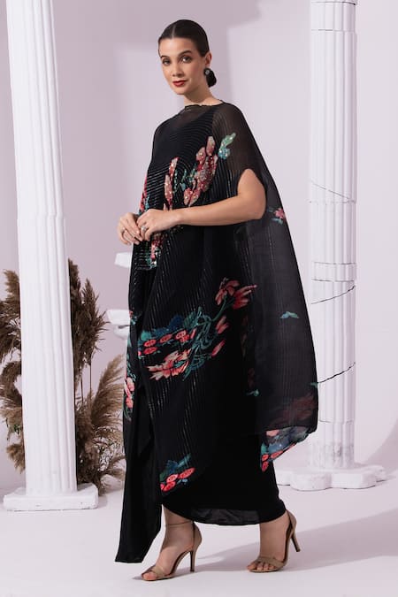 Preeti Mehta Black Chiffon, Lurex, Polyester, Wildflower Muse Jet Kaftan And Dhoti Skirt Set Online at Aza Fashions Preeti Mehta_Black Chiffon, Lurex, Polyester, Wildflower Muse Jet Kaftan And Dhoti Skirt Set _Online_at_Aza_Fashions