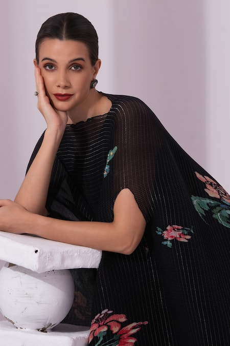 Preeti Mehta Black Chiffon, Lurex, Polyester, Wildflower Muse Jet Kaftan And Dhoti Skirt Set at Aza Fashions Preeti Mehta_Black Chiffon, Lurex, Polyester, Wildflower Muse Jet Kaftan And Dhoti Skirt Set _at_Aza_Fashions