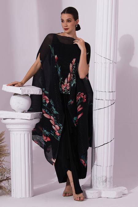 Buy Preeti Mehta Black Chiffon, Lurex, Polyester, Wildflower Muse Jet Kaftan And Dhoti Skirt Set Buy_Preeti Mehta_Black Chiffon, Lurex, Polyester, Wildflower Muse Jet Kaftan And Dhoti Skirt Set