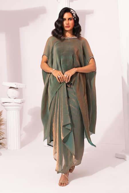 Preeti Mehta Green Satin, Tissue Beads, Rhinestones Metallic Moss Kaftan And Dhoti Skirt Set 