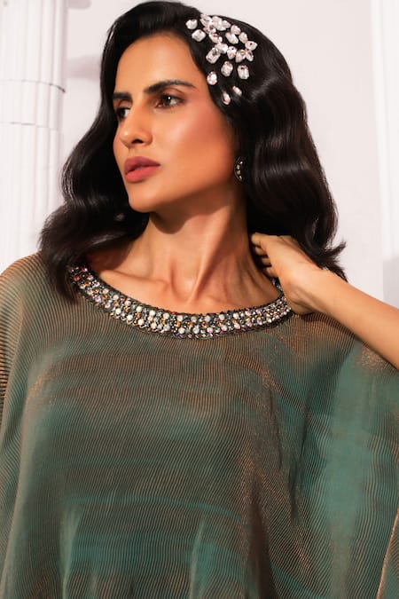 Preeti Mehta Green Satin, Tissue Beads, Rhinestones Metallic Moss Kaftan And Dhoti Skirt Set Online at Aza Fashions Preeti Mehta_Green Satin, Tissue Beads, Rhinestones Metallic Moss Kaftan And Dhoti Skirt Set _Online_at_Aza_Fashions