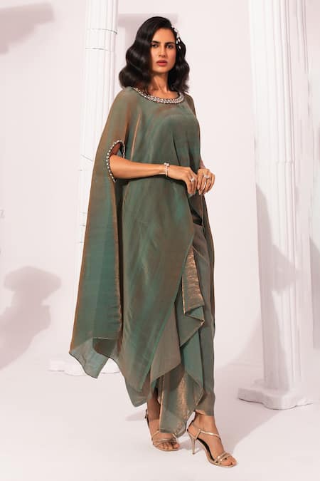 Shop Preeti Mehta Green Satin, Tissue Beads, Rhinestones Metallic Moss Kaftan And Dhoti Skirt Set Online at Aza Fashions Shop_Preeti Mehta_Green Satin, Tissue Beads, Rhinestones Metallic Moss Kaftan And Dhoti Skirt Set _Online_at_Aza_Fashions
