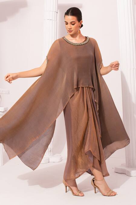 Buy_Preeti Mehta_Brown Tissue, Satin Beads, Stones Metallic Chestnut Kaftan And Dhoti Skirt Set _Online_at_Aza_Fashions
